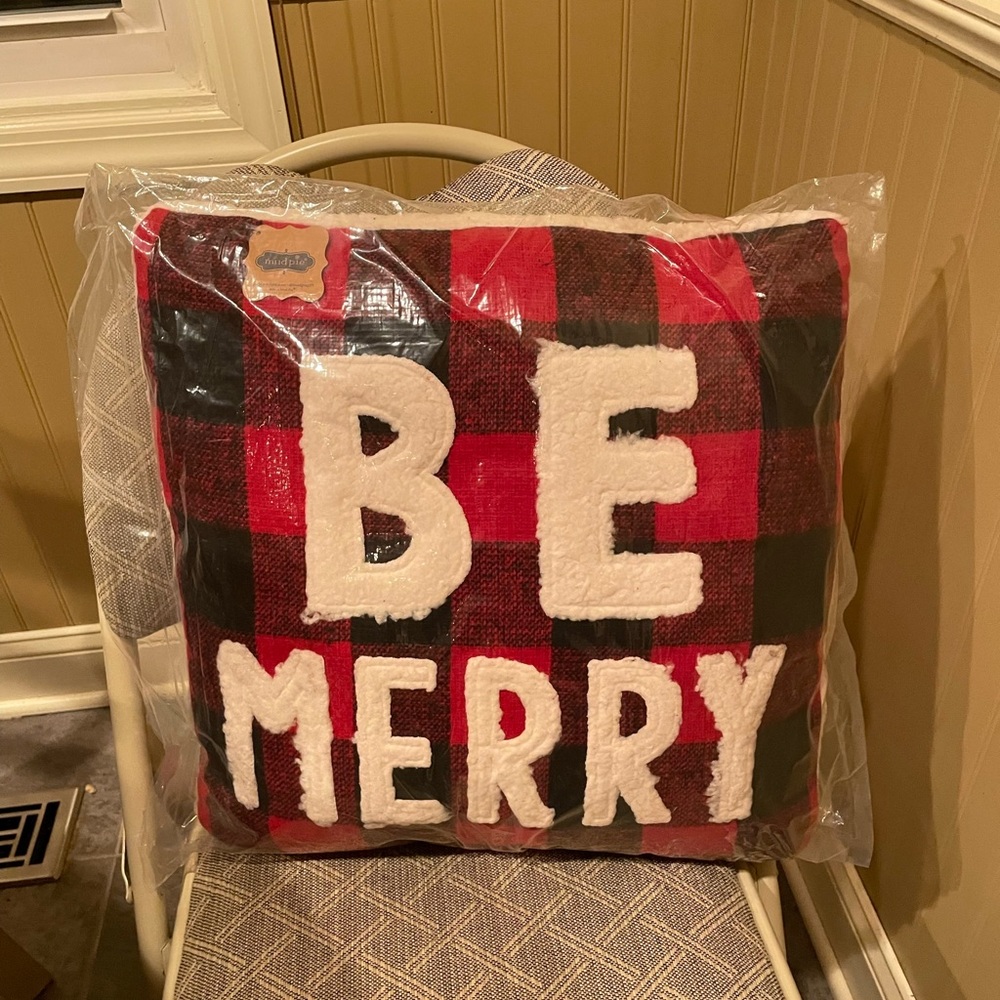 Mud Pie Be Merry Check Fuzzy Throw Pillow - 18x18”, Red-Black